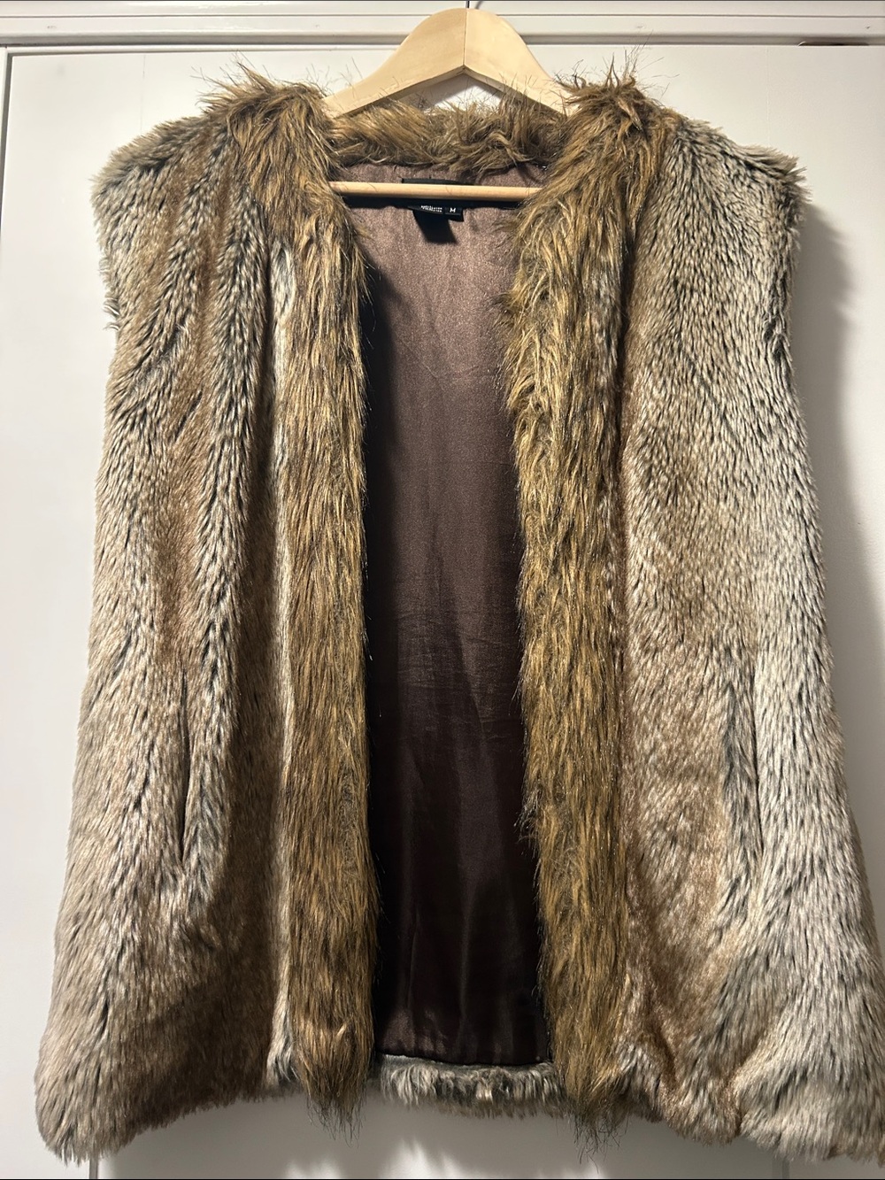 VENUS Faux Fur Hooded Lined Vest in Brown and Tan